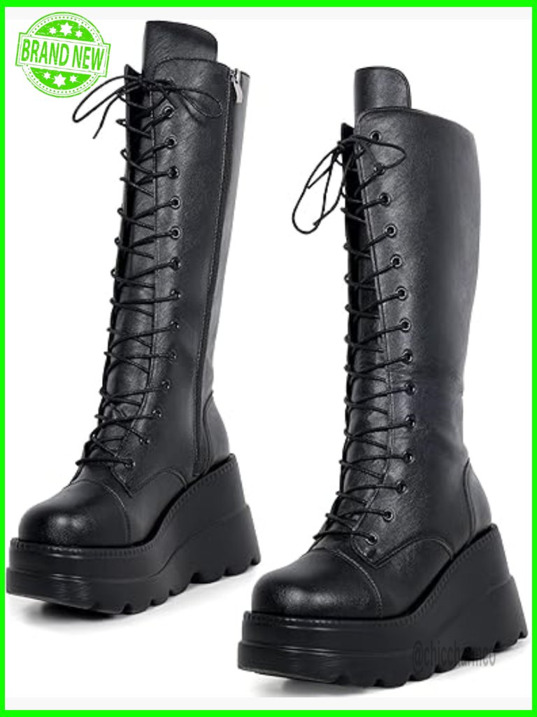 Black Platform Goth Boots Mid Calf Chunky Heel Combat Booties